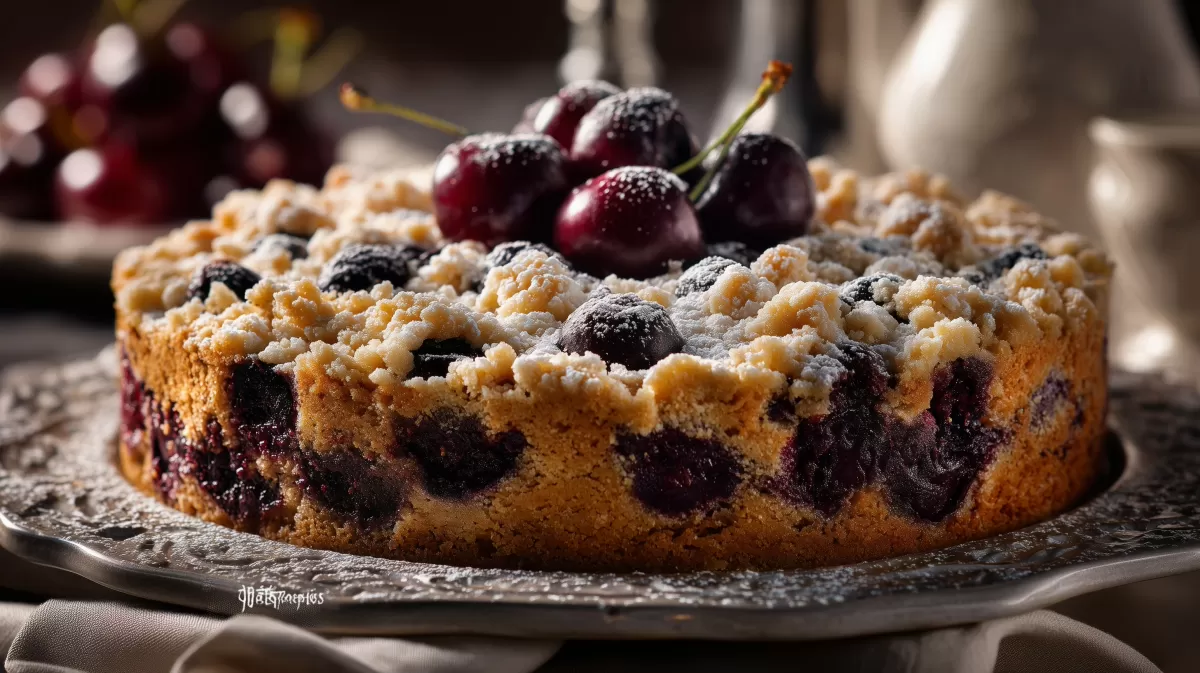 Kirsch Streusel Kuchen mit Puderzucker auf Silberteller