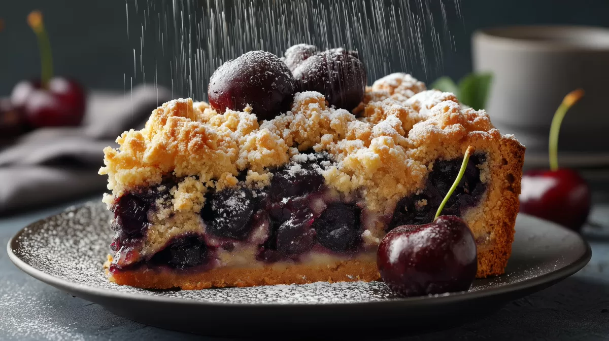 Kirsch Streusel Kuchen mit Puderzucker bestäubt