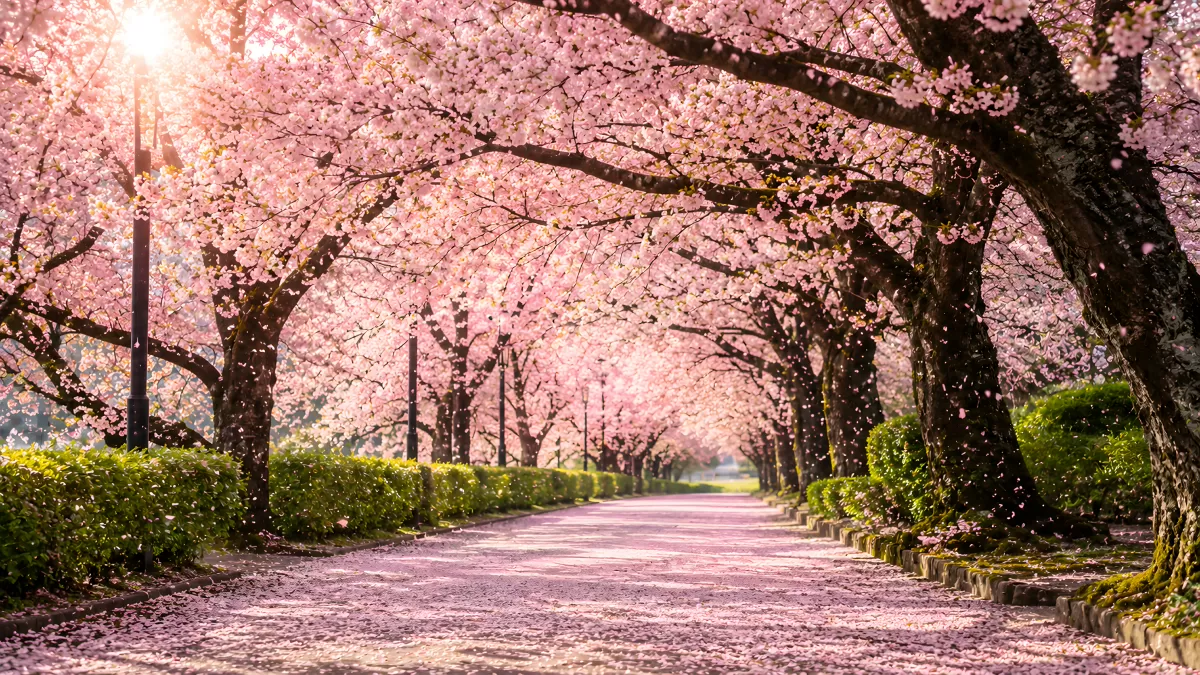 Kirschblüten-Allee im Frühling mit rosa Blütenpracht