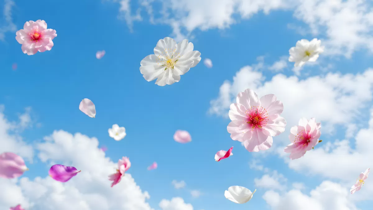 Kirschblüten und Blütenblätter schweben vor blauem Himmel