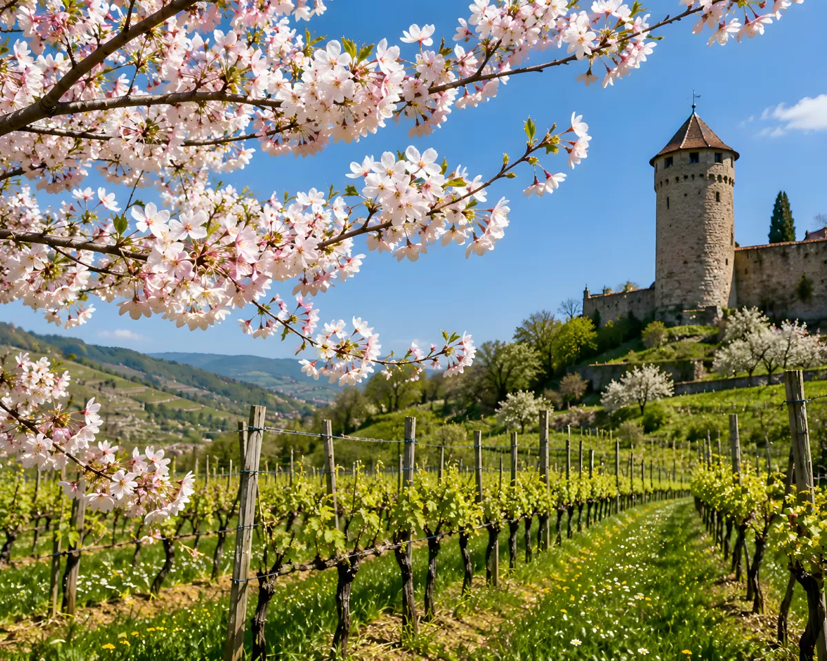 Kirschblüten vor mittelalterlicher Burg im Frühling