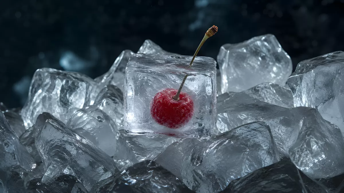 Kirsche eingefroren in einem klaren Eiswürfel