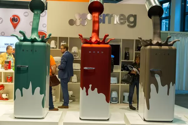 Kitchen appliances at the IFA in Berlin: Electro Plus Area shows iconic, colourful Smeg refrigerators with colour blob motives