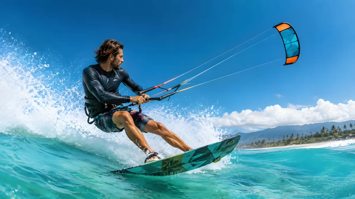 Kitesurfer reitet dynamisch auf türkisblauem Meer