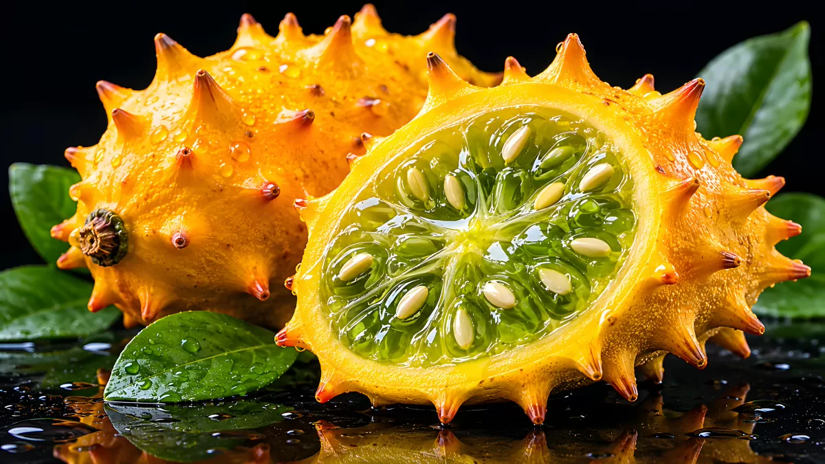Kiwano Horngurke aufgeschnitten mit grünem Fruchtfleisch