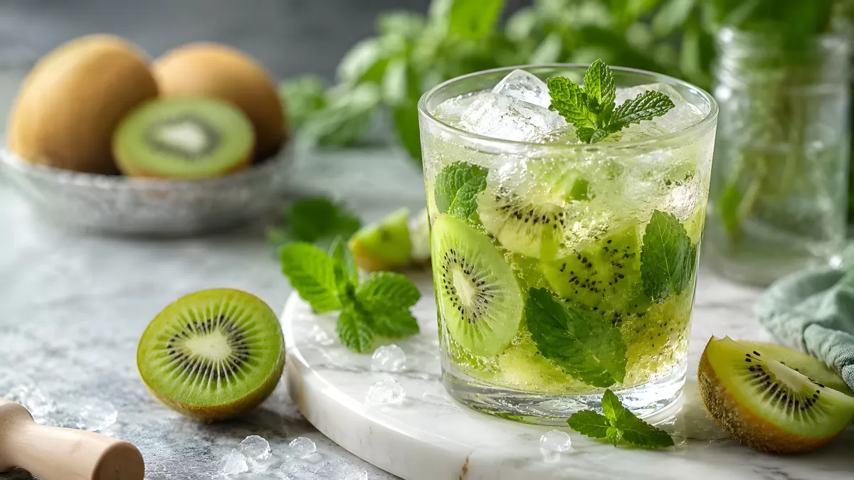 Kiwi-Mojito mit Minze und Eiswürfeln im Glas
