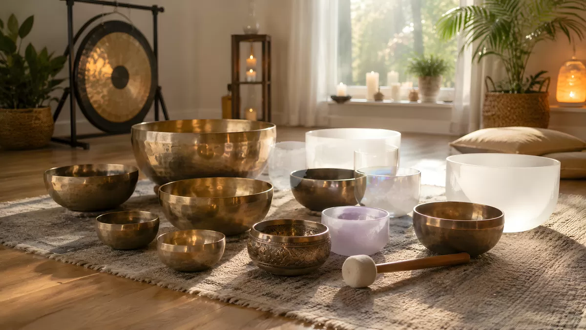 Klangschalen-Sammlung in einem Meditationsraum