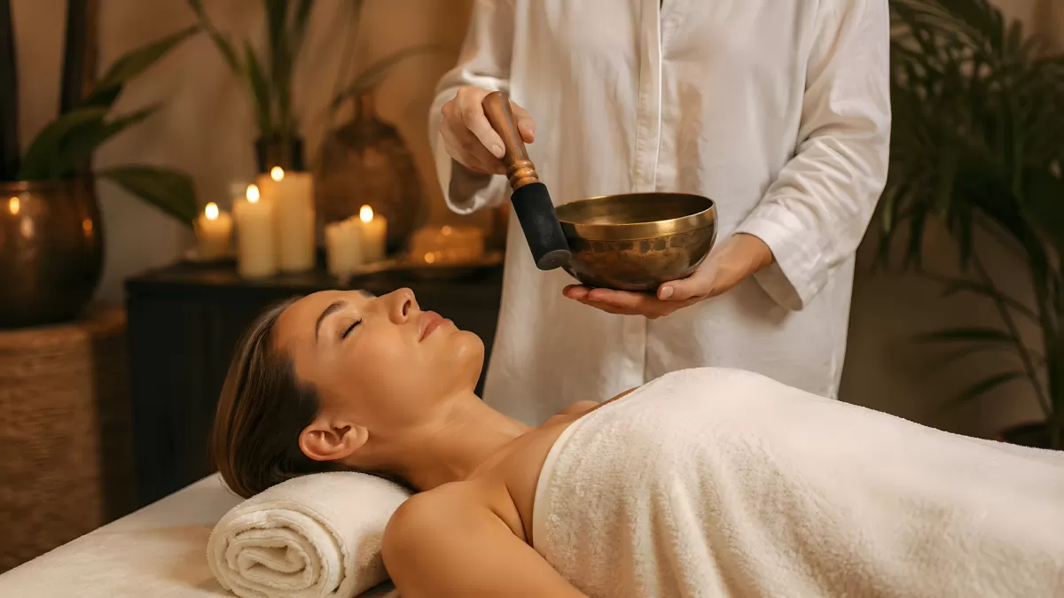 Klangschalen-Therapie bei entspannter Frau im Spa