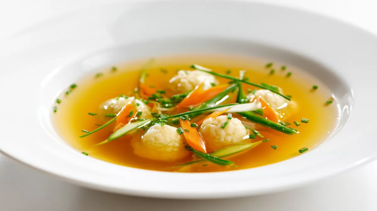 Klare Rindfleischsuppe mit Markklößchen und Gemüse
