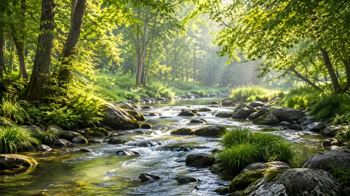Klarer Waldbach mit Felsen im Morgenlicht