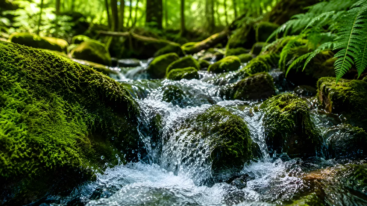 Klarer Waldbach über moosbedeckte Steine im Wald