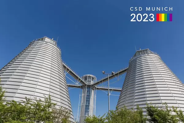 Klärwerk Gut Großlappen in München, neben dem Bildtitel "CSD Munich 2023" und der Regenbogenflagge, als Symbolbild für LGBT-Rechte