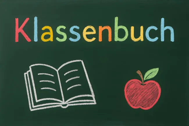 Klassenbuch auf Tafel mit Buch und Apfel Symbol