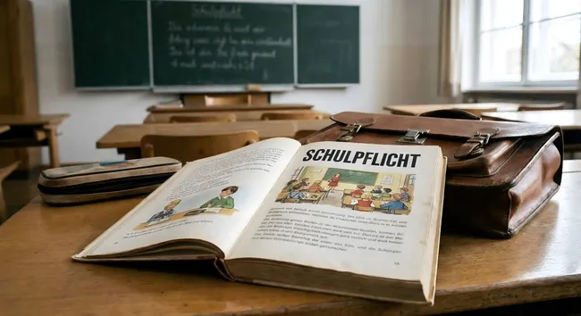 Klassenraum mit Tafel und Schulutensilien