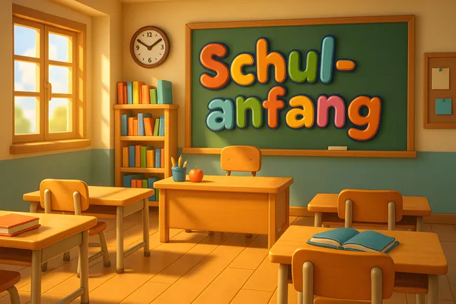 Klassenzimmer in fröhlichen Farben zur Einschulung