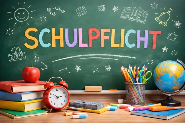Klassenzimmer mit Kreide-Schriftzug und Unterrichtsmaterialien