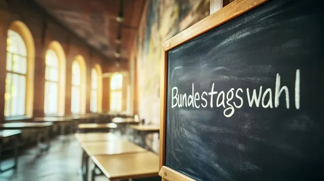 Klassenzimmer mit Tafel zur Bundestagswahl