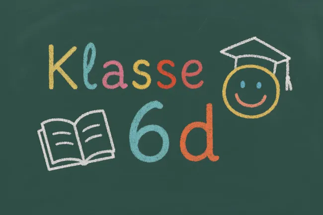 Klassenzimmer-Tafel mit kreativen Symbolen und Botschaften