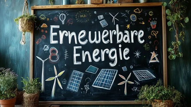 Klassenzimmer-Wandtafel mit Symbolen für erneuerbare Energie