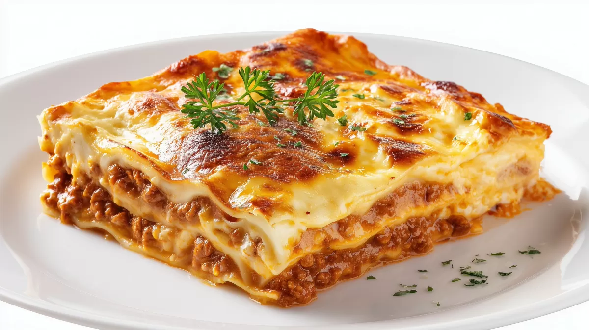 Klassische Bolognese-Lasagne auf weißem Teller