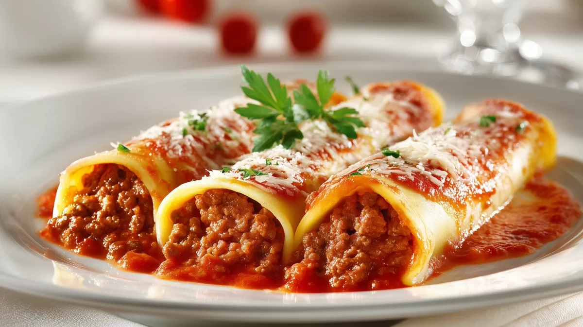 Klassische Cannelloni mit Hackfleischfüllung in Tomatensauce