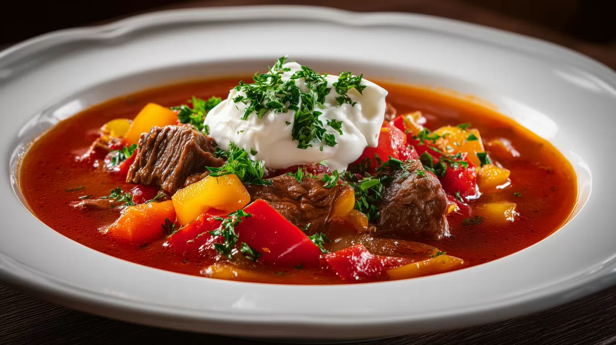 Klassische Gulaschsuppe mit Paprika und Sauerrahm
