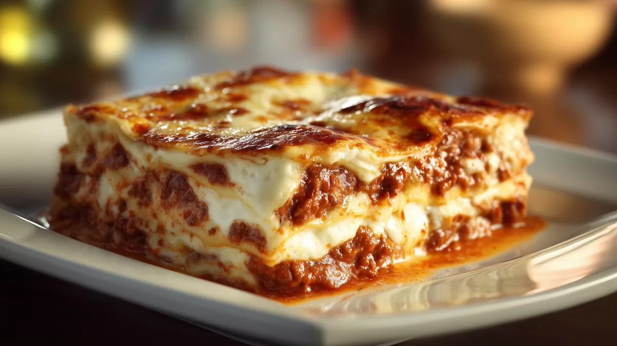 Klassische Lasagne mit Fleischsauce auf weißem Teller