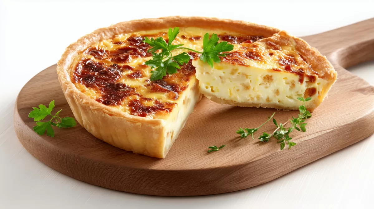 Klassische Quiche Lorraine angeschnitten auf Holzbrett