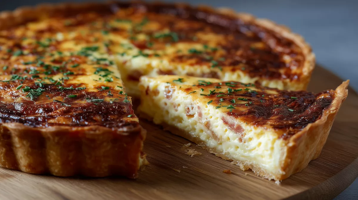 Klassische Quiche Lorraine mit Speck angeschnitten