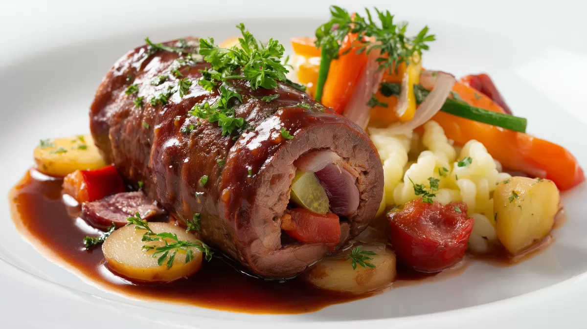 Klassische Rinderrouladen mit Gemüse und Bratensauce