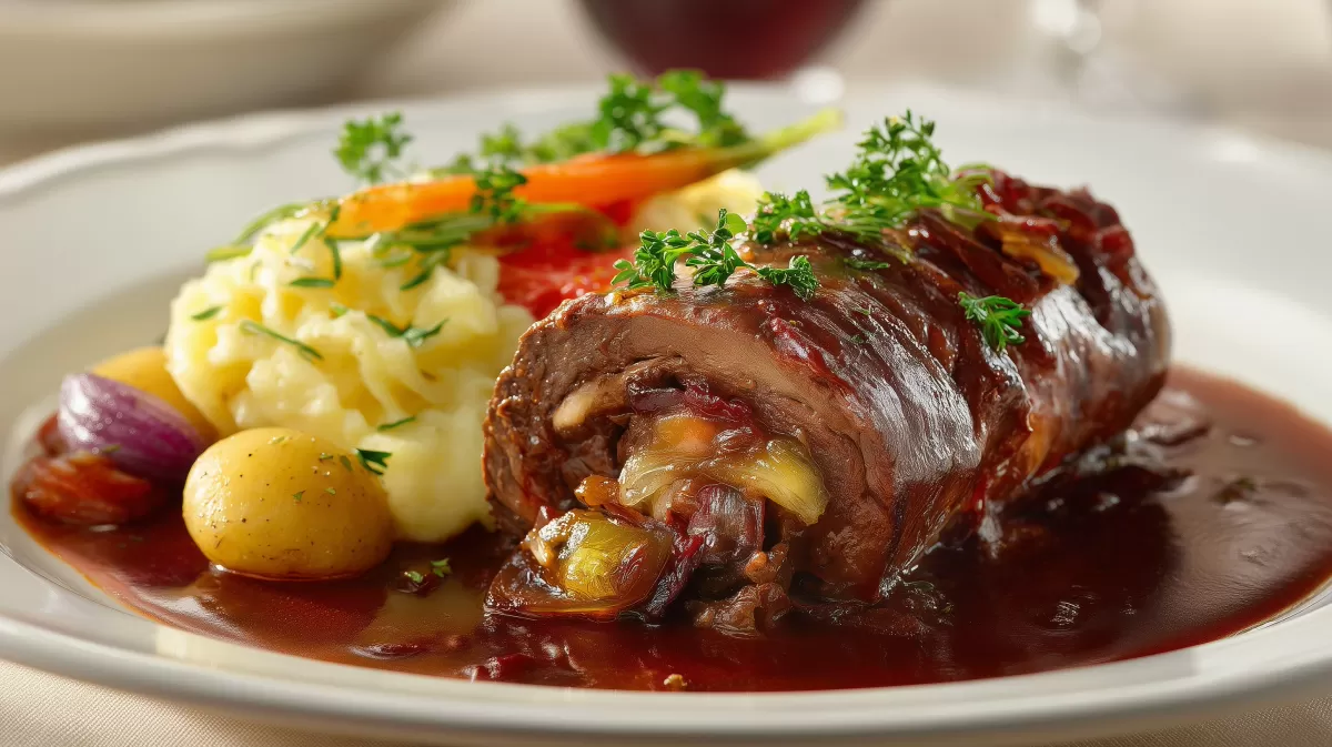Klassische Rinderrouladen mit Rotweinsoße und Kartoffelpüree