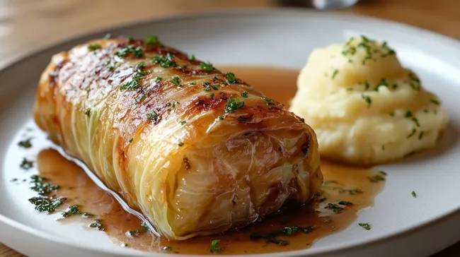 Klassische Wirsingroulade mit Kartoffelpüree und Soße