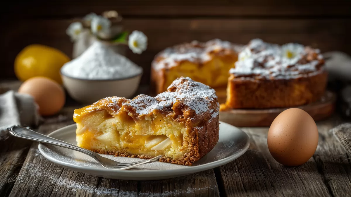 Klassischer Apfelkuchen mit Aprikosenglasur auf Holztisch