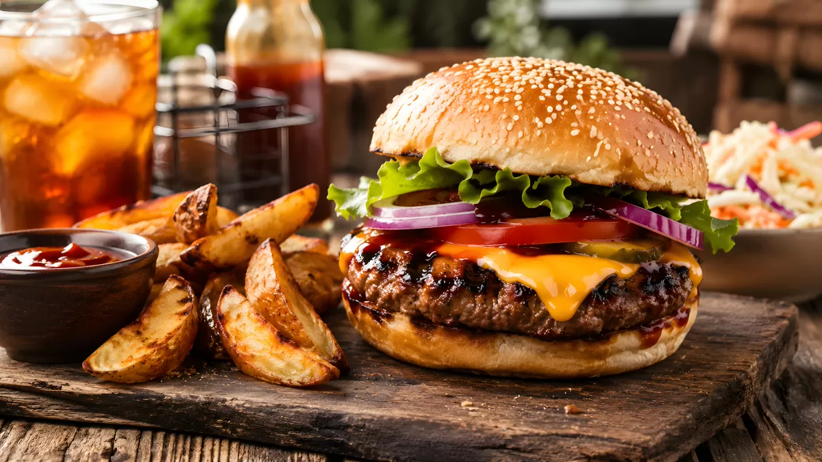 Klassischer Cheeseburger mit Wedges auf Holzbrett
