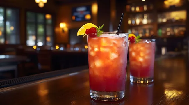 Klassischer Cocktail mit Zitrone und Kirsche in belebter Bar