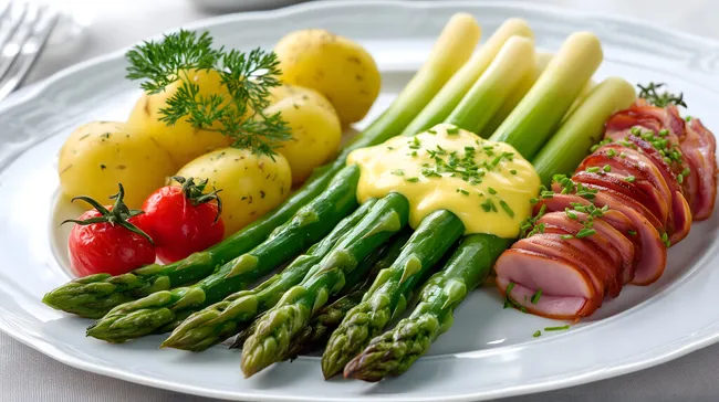 Klassischer deutscher Spargelteller mit Schinken, Kartoffeln und Sauce Hollandaise