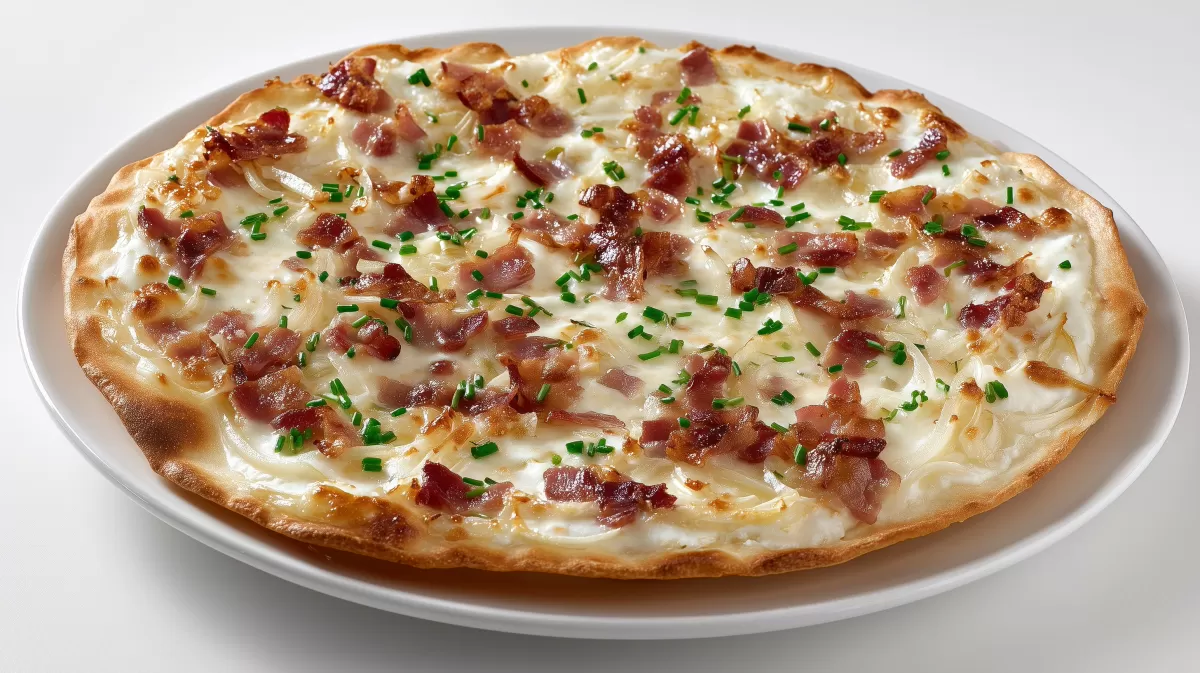 Klassischer Flammkuchen mit Speck und Schnittlauch