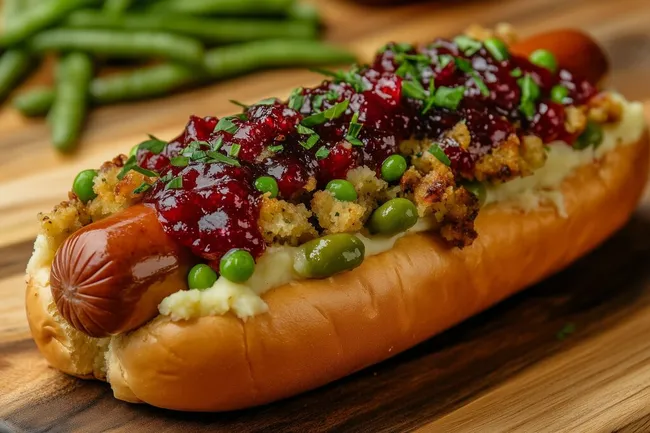 Klassischer Hotdog mit Preiselbeersauce und Kartoffelpüree