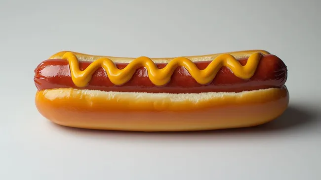 Klassischer Hotdog mit Senf auf weißem Hintergrund