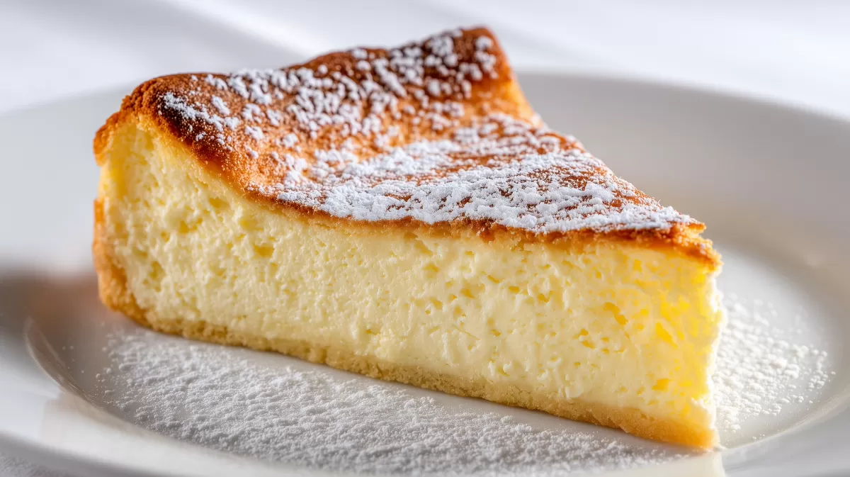 Klassischer Käsekuchen – ein Stück mit Puderzucker