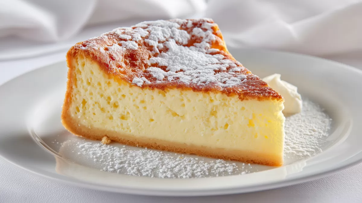 Klassischer Käsekuchen mit Puderzucker auf Teller