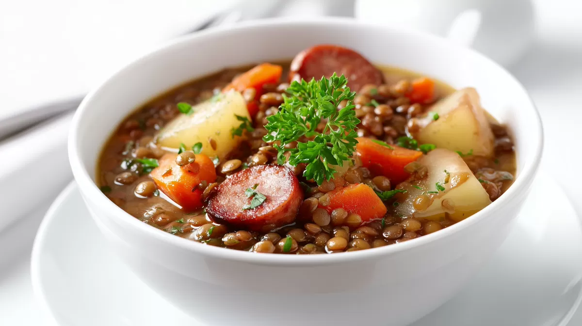 Klassischer Linseneintopf mit Würstchen und Gemüse