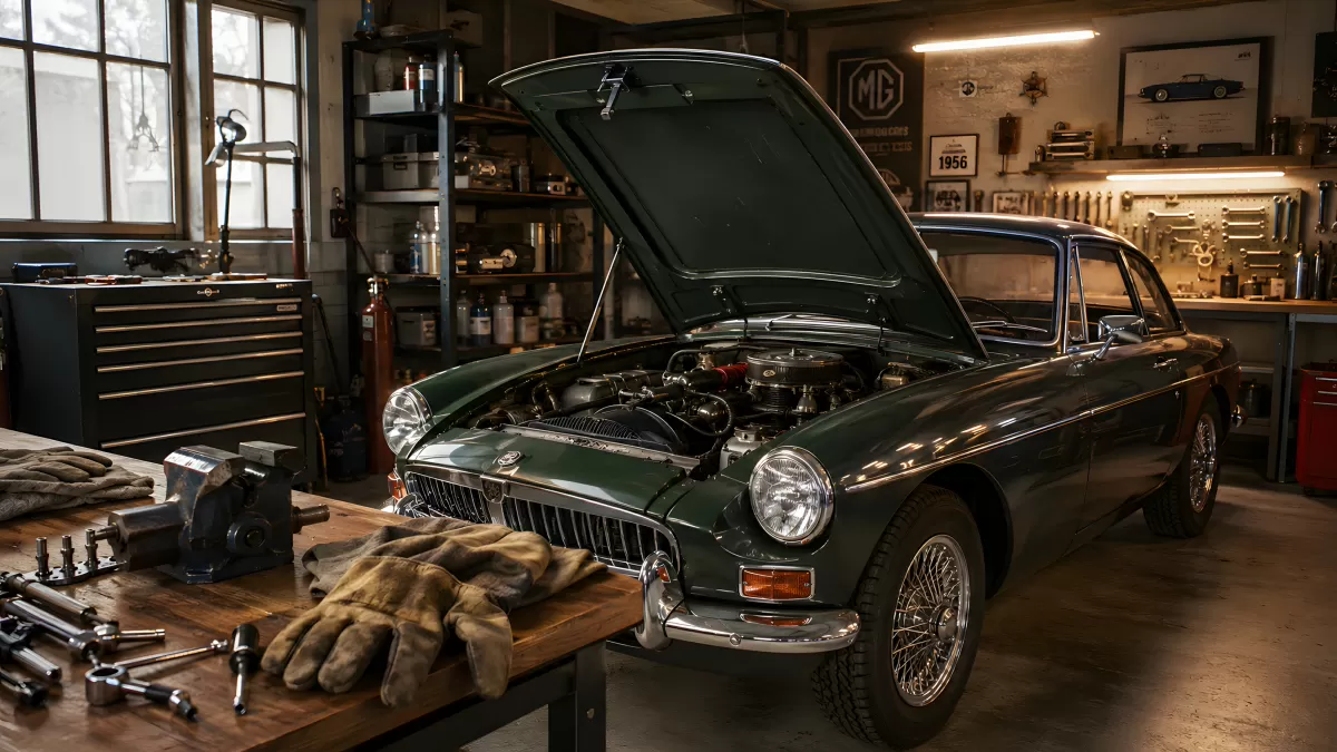 Klassischer MG-Sportwagen in Werkstatt mit offenem Motor