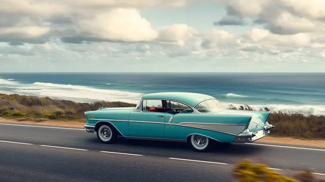 Klassischer Oldtimer an malerischer Küstenstraße