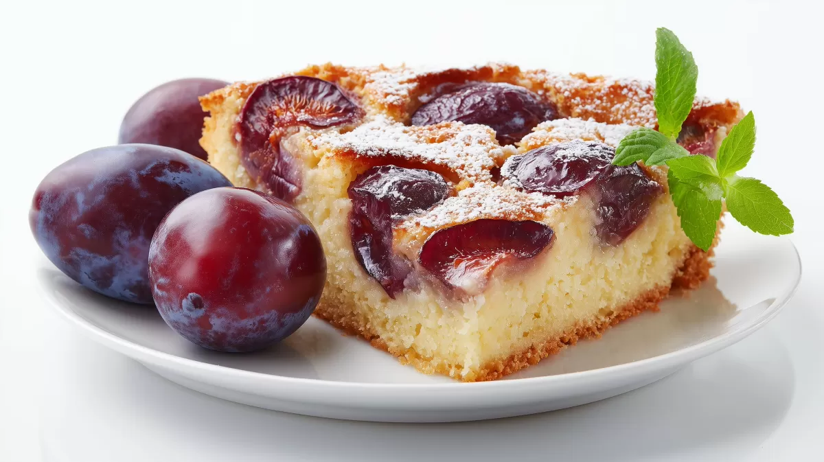 Klassischer Pflaumenkuchen nach Großmutters Art mit Puderzucker