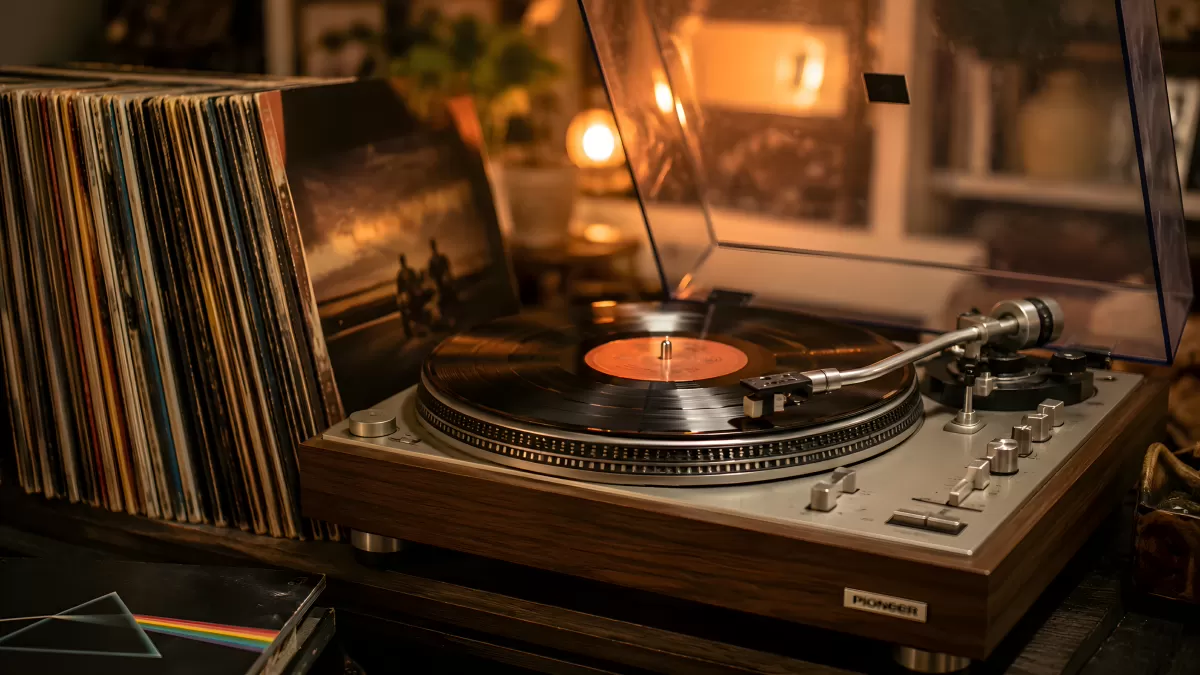 Klassischer Pioneer-Plattenspieler mit Schallplatten im Wohnzimmer