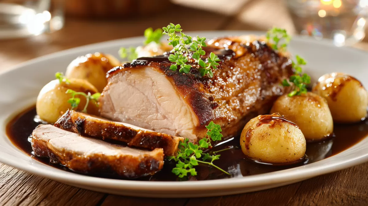 Klassischer Schweinebraten aus dem Kochtopf mit Kartoffeln