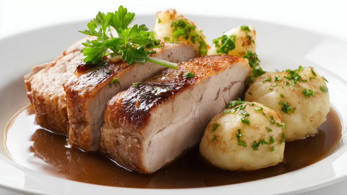 Klassischer Schweinebraten aus dem Kochtopf mit Klößen