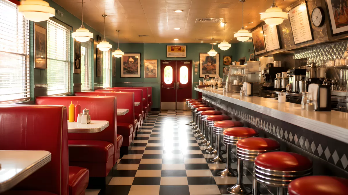 Klassisches amerikanisches Diner mit roten Sitzbänken