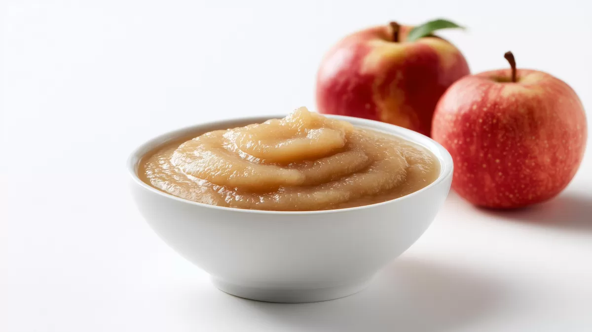 Klassisches Apfelmus in weißer Schüssel mit frischen Äpfeln